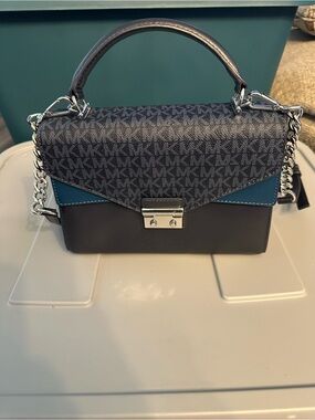Michael Kors Black and Teal Signature Logo Crossbody